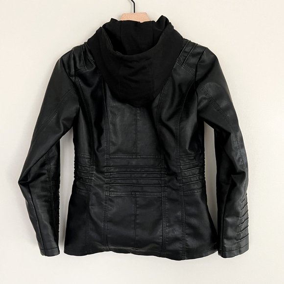 Black Leather Jacket with Detachable Hood - Picture 6 of 8